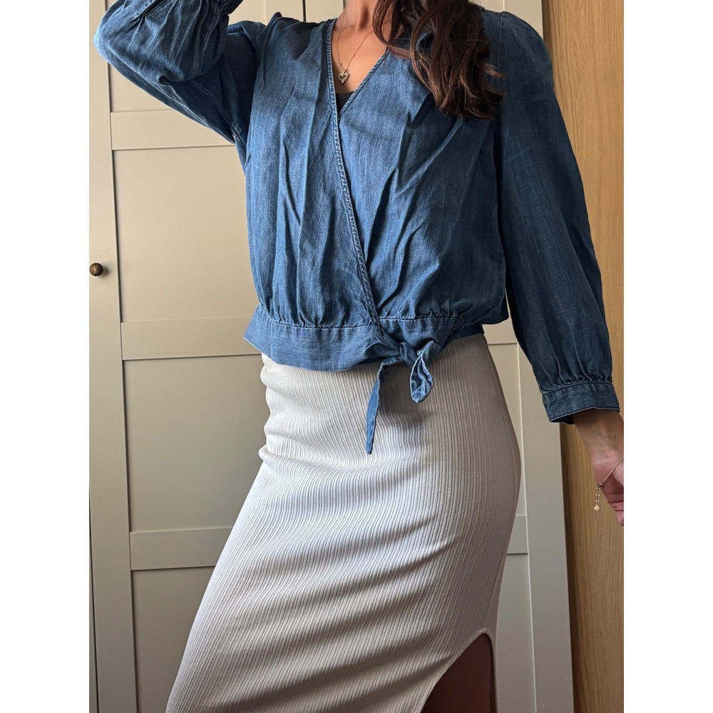 Madewell Chambray Wrap Top Blue Denim Tie Side Blouse Boho Western Size M